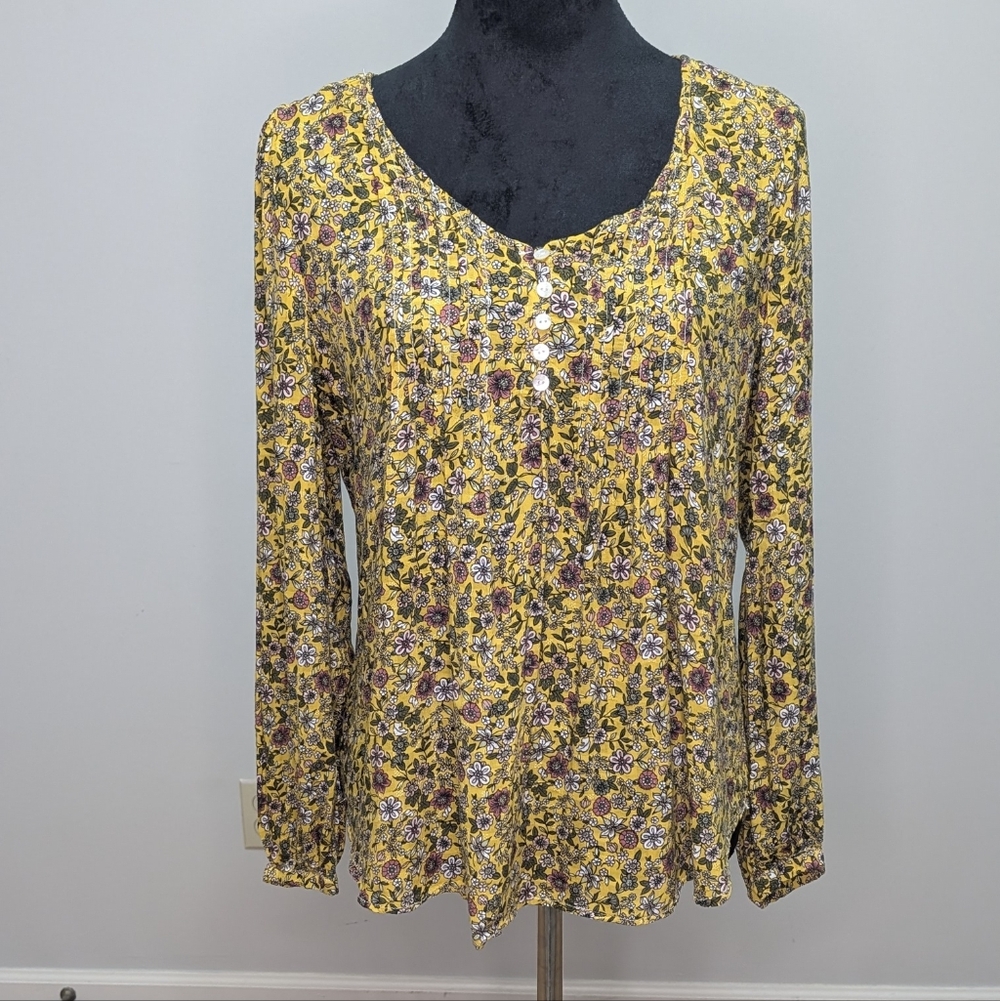 Jane And Delancy Yellow Floral Peasant Pleated Longsleeve Sz Med Hi-low Top Boho